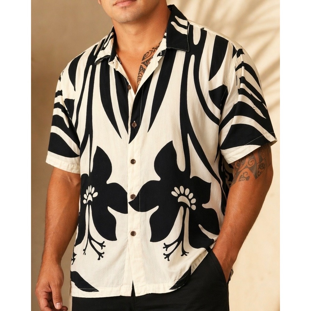 Lauhala Hawaii Aloha Shirt Large Black Ivory Hibiscus Rayon Hawaiian Button Up